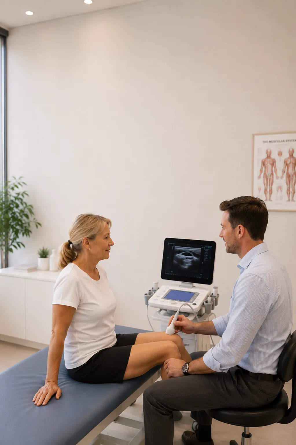 A clinician assessing an older patient's knee during a consultation.