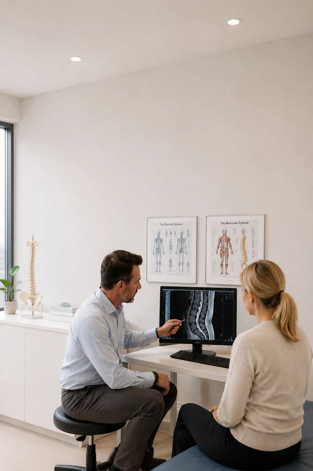 A clinician and patient reviewing a lumbar MRI scan on screen.