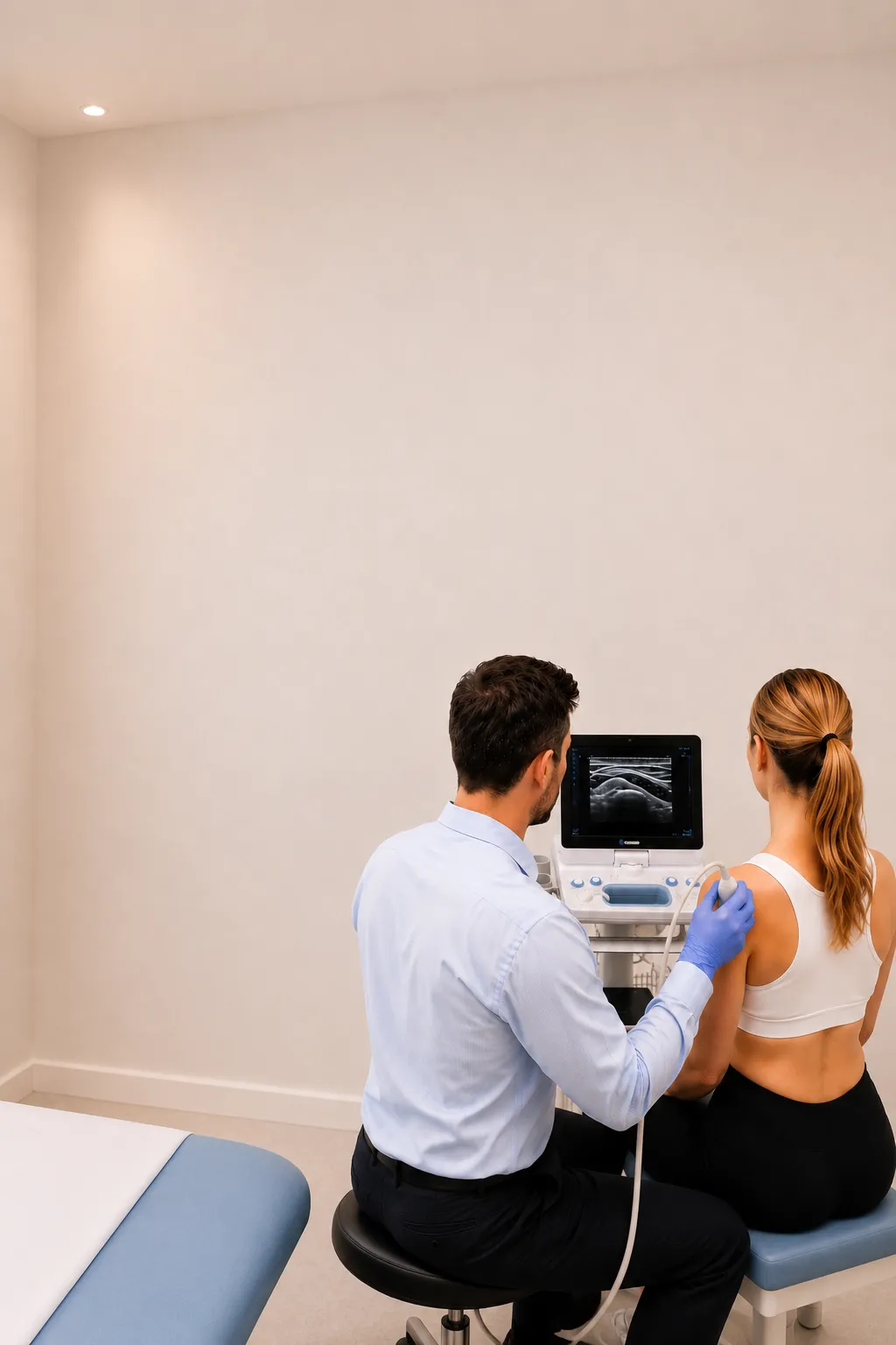 A clinician scanning a patient's shoulder with ultrasound, the screen visible beside them.