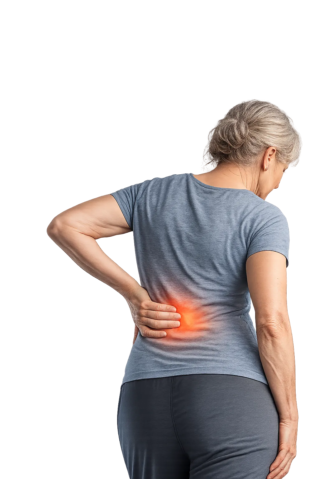 An older woman standing with one hand resting on her lower back.